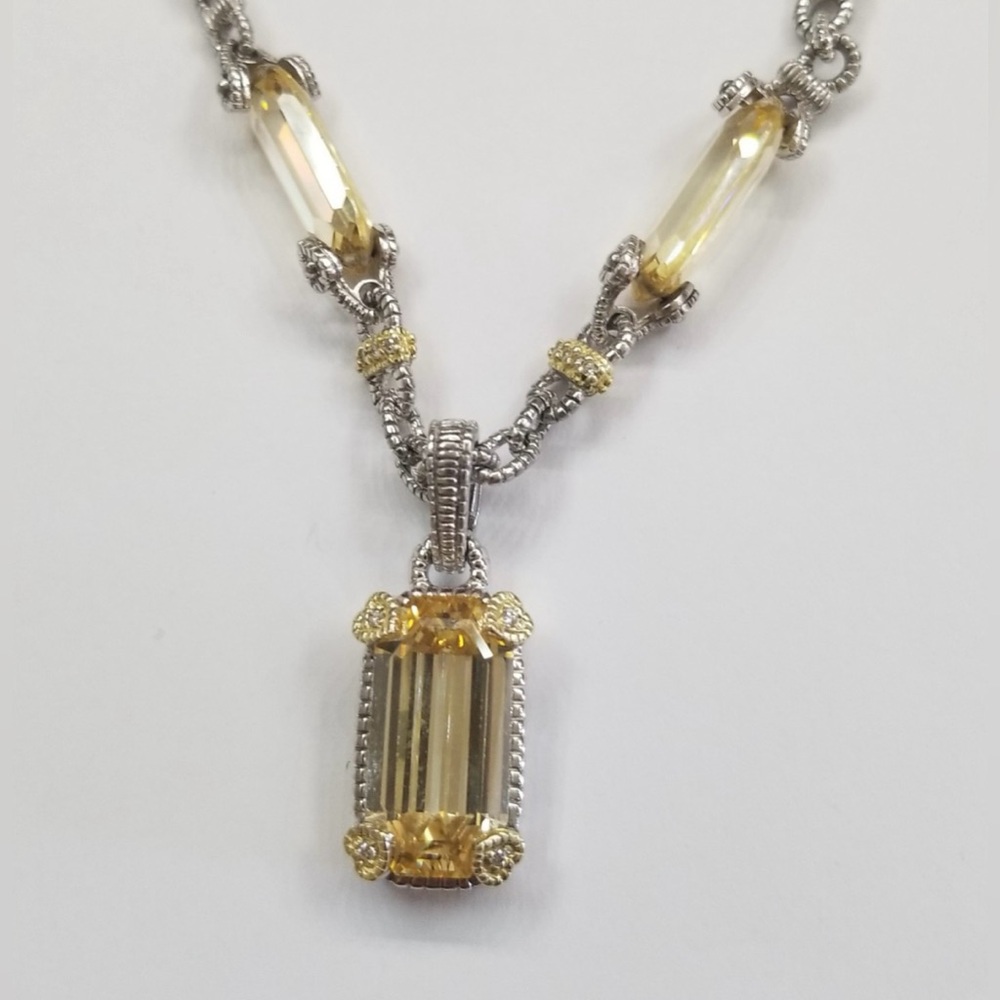Judith Ripka JR TWO Citrine Diamond 18K Gold 925 Silver Necklace and Pendant.